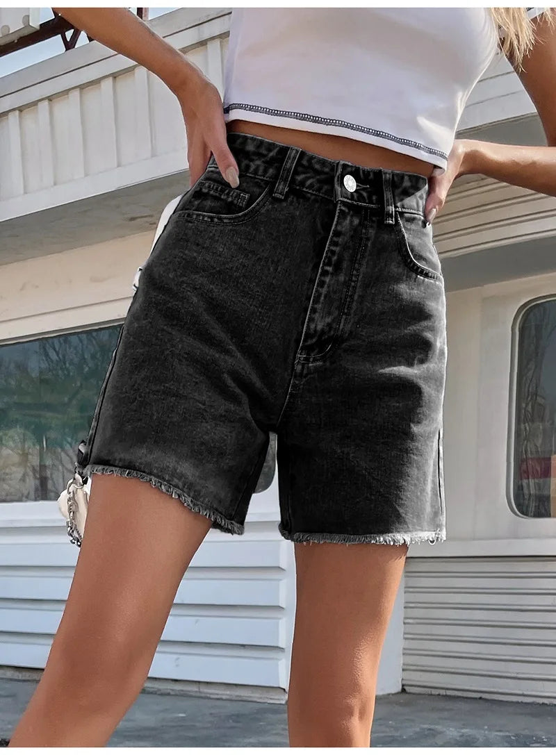 Shorts jeans femininos azuis de cintura alta, shorts jeans casuais chiques soltos, verão, 2024