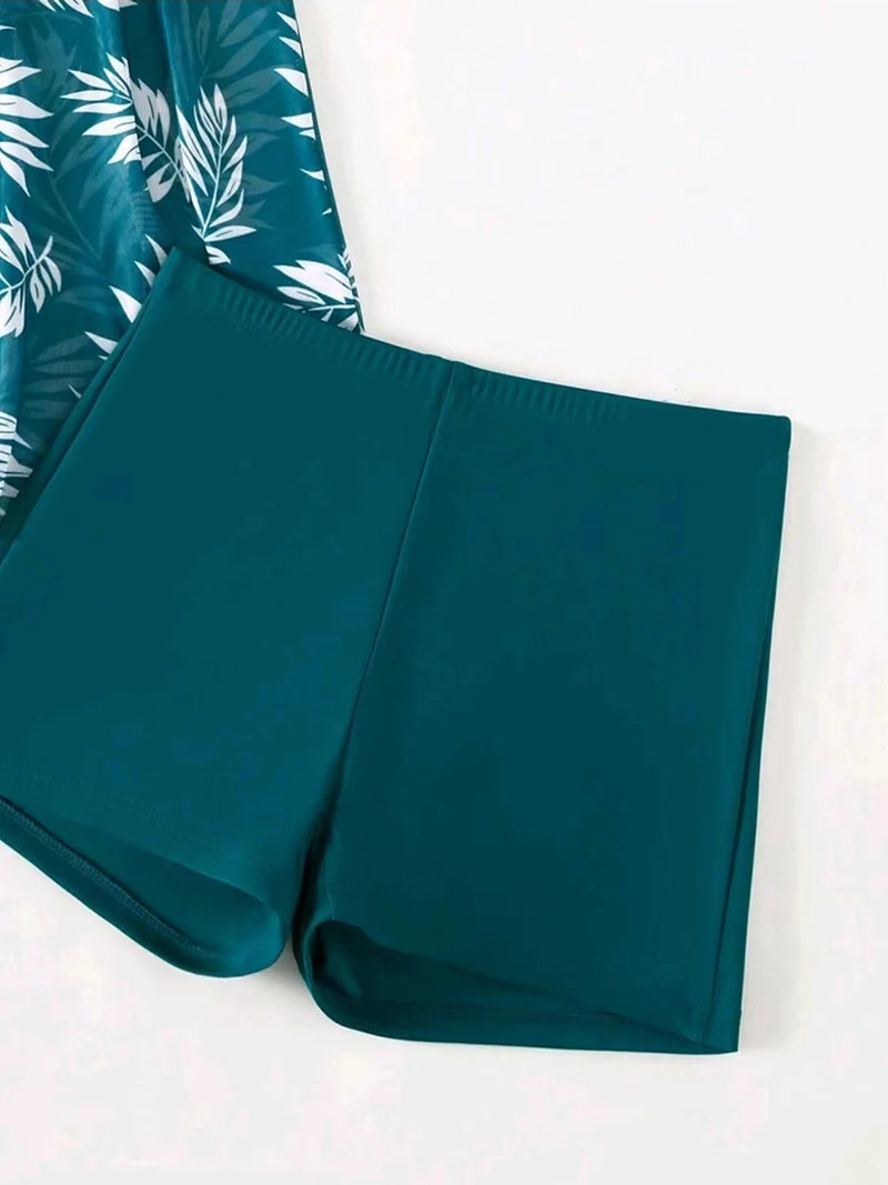 Fato de banho acolchoado estampado feminino, Tankini com shorts, maiô feminino, moda praia de natação, verão, 2021