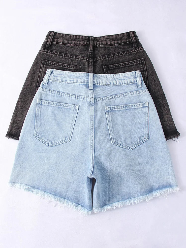 Shorts jeans femininos azuis de cintura alta, shorts jeans casuais chiques soltos, verão, 2024