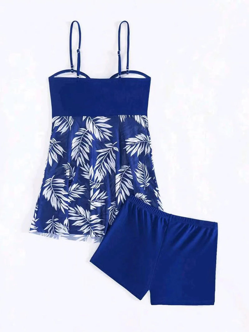 Fato de banho acolchoado estampado feminino, Tankini com shorts, maiô feminino, moda praia de natação, verão, 2021