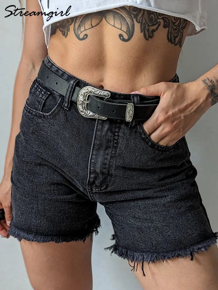 Shorts jeans femininos azuis de cintura alta, shorts jeans casuais chiques soltos, verão, 2024