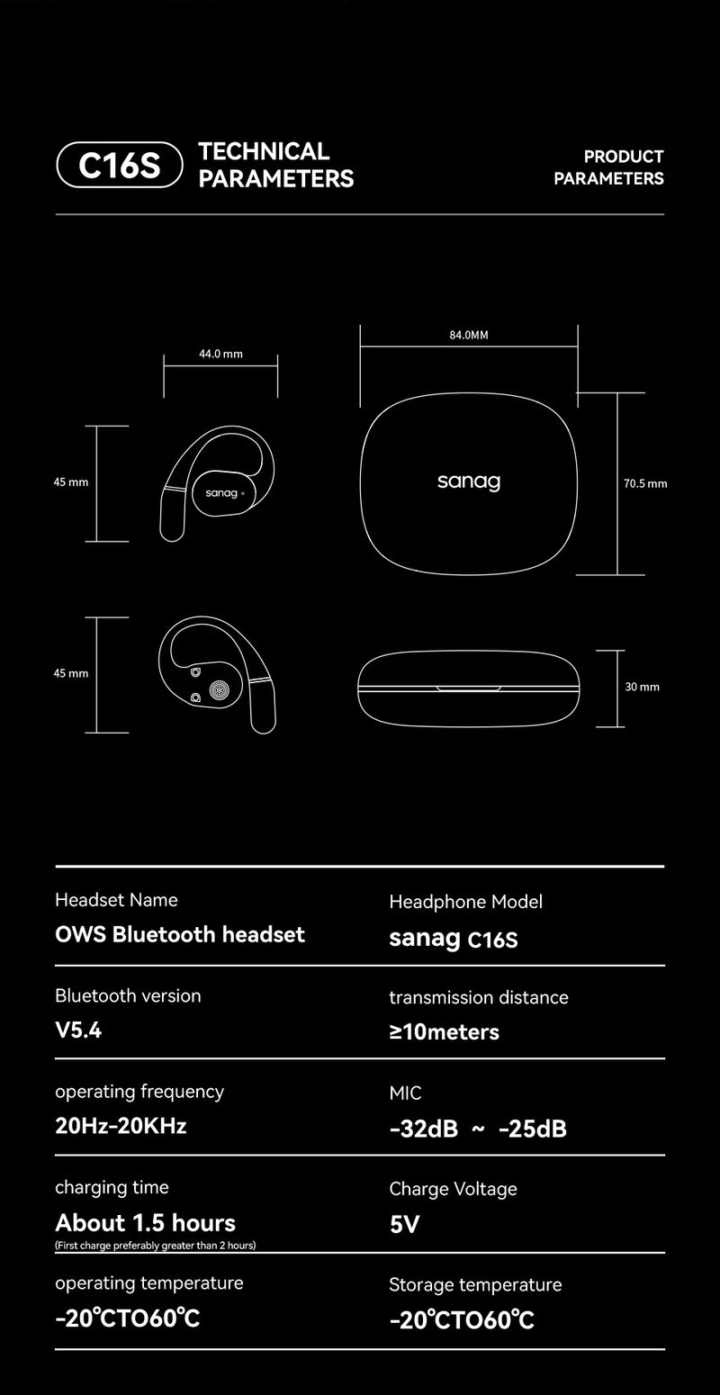 Sanag C16S Bluetooth 5.4 Fones de ouvido sem fio Open Ear OWS Fones de ouvido HiFi Sound Headset APP Controle TWS Fones de ouvido 8 horas de reprodução