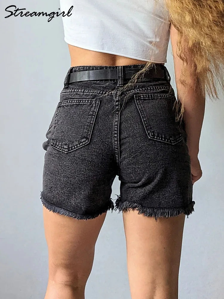 Shorts jeans femininos azuis de cintura alta, shorts jeans casuais chiques soltos, verão, 2024